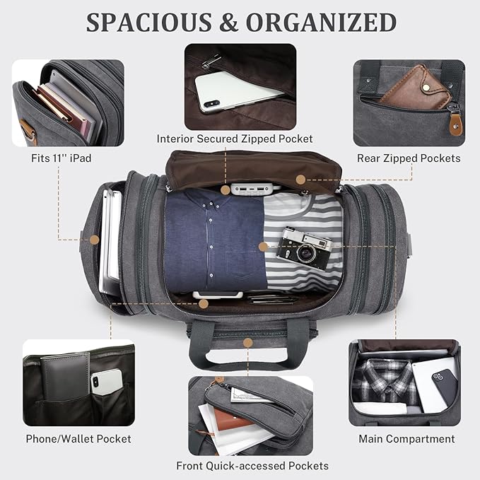 Gonex Canvas Duffle Bag for Travel, 60L Duffel Overnight Weekend Bag (Gray)