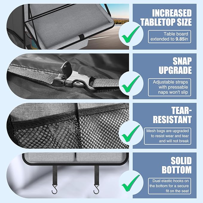 Car Backseat Organizer with Tablet Holder,11 Storage Pockets with Foldable Food Tray, Protector Kick Mats for Kids, Travel Accessories Organizer (Gray, 1Pack with Food Tray)