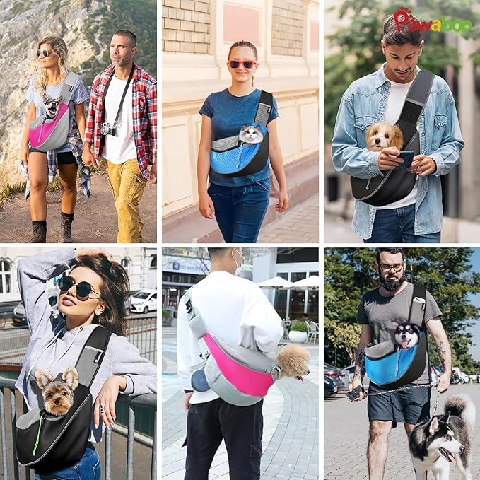 Pawaboo Pet Dog Sling Carrier, Hand Free Drawstring Dog Papoose with Adjustable Strap, Breathable Mesh Bag for Puppy Cat, Crossbody Satchel Dog Purse with Pocket for Outdoor, Dark Gray+Black, Medium