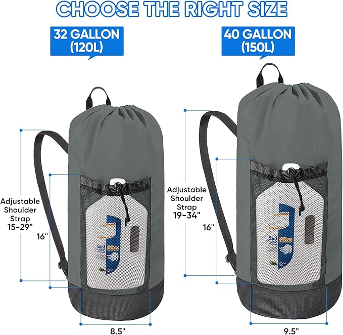 BALEINE 120L Laundry Bag Backpack, 900D Oxford Fabric Large Travel Laundry Bags with Shoulder Straps and 2 Mesh Pockets for College Dorm, Apartment, Laundromat (Dark Grey, 120L)