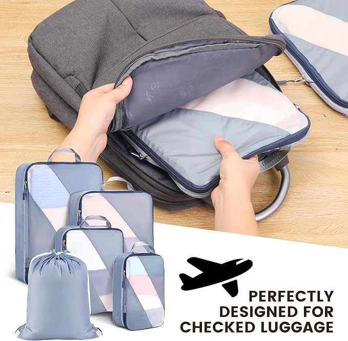 Lightweight Compression Packing Cubes for Suitcases, Compressible Expandable Travel Packing Organizer with Clear Toiletries and Backpack Bag, Travel Essentials for Carry on Luggage 7 Set