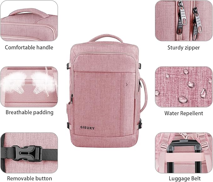 Carry On Backpack for Women, 50L Travel Backpack Flight Approved, Expandable Backpack For Airplanes, 17 Inch Laptop Backpack, Luggage Suitcase Daypack Lightweight Business Weekender Bag, Pink