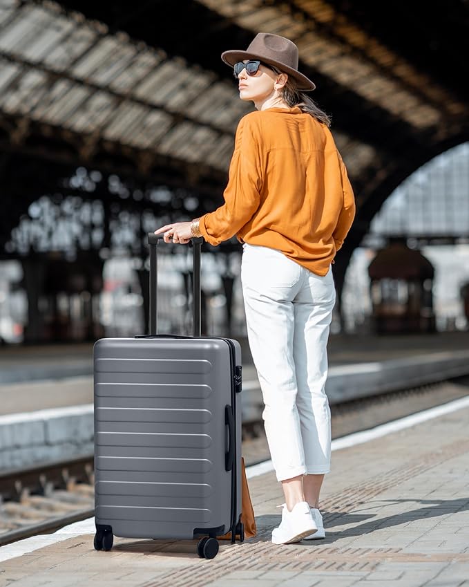 NINETYGO Medium Checked Luggage 24 Inch, Checking In Luggage with Smooth Spinner Wheels, Expandable, Hard Shell PC Suitcase, Lightweight Travel Luggage, TSA Approved (Grey, Rhine Max)