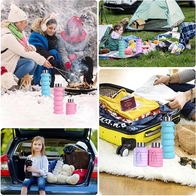 JaneJu Collapsible Water Bottle, 17oz BPA Free Silicone Reusable Portable Lightweight Foldable Water Bottles with Carabiner, Portable Leak Proof Sports Water Bottle (green&purple)