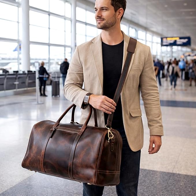 21 Inch Genuine Buffalo Leather Travel Duffle Bag | Overnight Weekend Leather Bag | Sports Gym Duffel for Men| Airplane Under Seat Carry on Bags (brown)