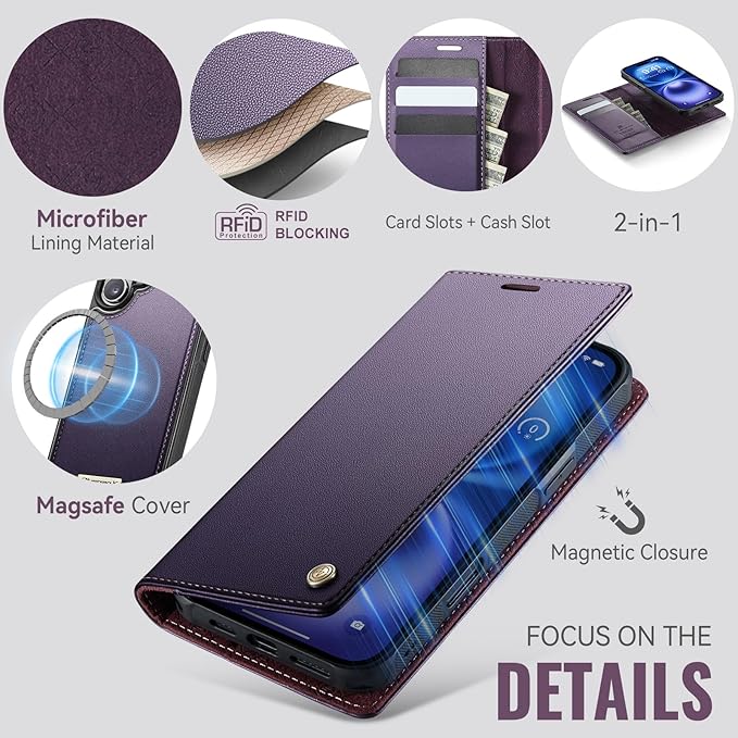 PlusnapX Wallet Case for iPhone 17 Compatible with Magsafe, 2-in-1 PU Leather Flip RFID Blocking Card Holder Stand Shockproof Magnetic Detachable Cover for iPhone 17 Case 6.3", Fashion Purple