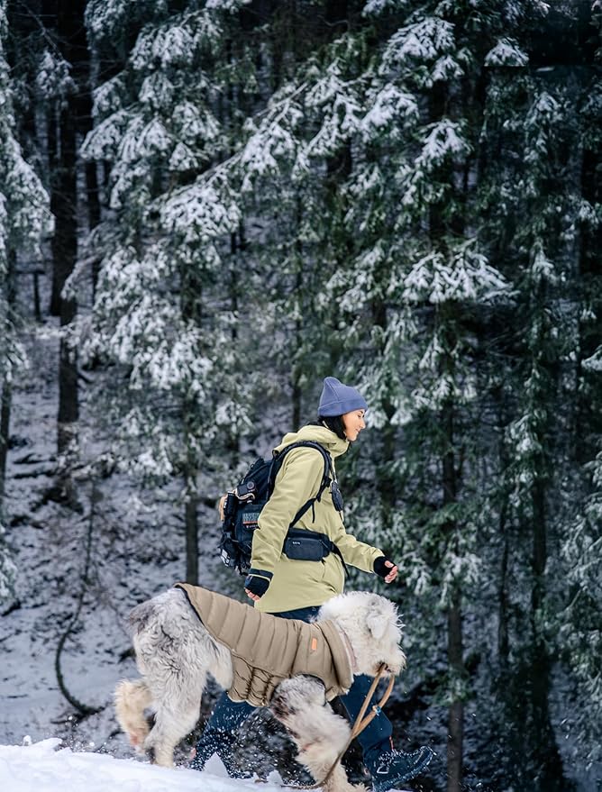 SPACE LION Dog Puffer Jacket, Down Winter Coat, Durable Outdoor Coat for Cold and Windy Conditions, Lightweight & Adjustable Fit Coats for Medium Dogs, (Camel, Size 14 Gift Box)