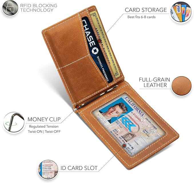 SERMAN BRANDS AirTag Wallet - RFID Blocking Mens Minimalist Money Clip Wallet for Airtag - Full Grain Leather Slim Bifold Front Pocket for Air Tag Wallets for Men. Gift (CA Desert Air)