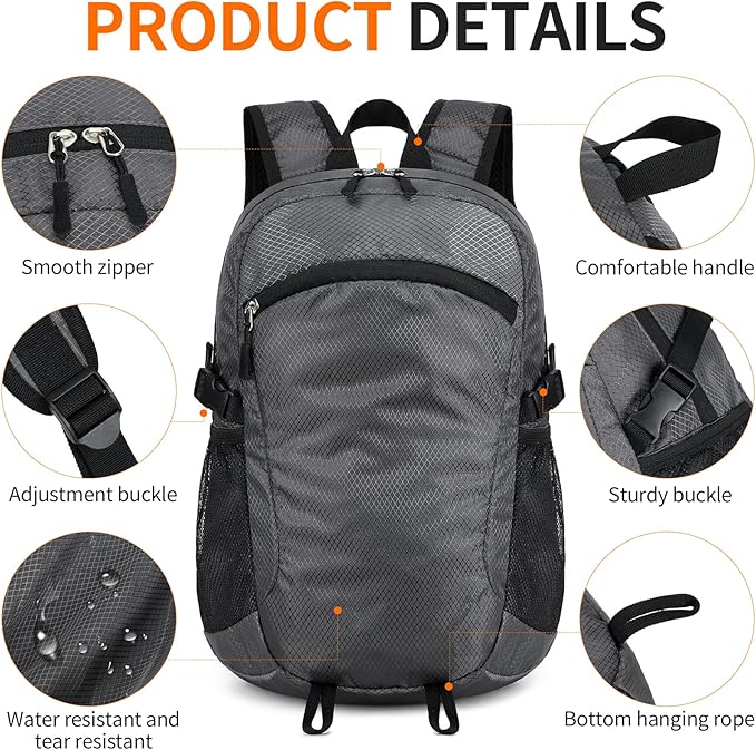Small Hiking Backpack 15L Travel Lightweight Hiking Packable Daypack Water-Resistant Foldable Backpacks for Women Men Camping (Grey)