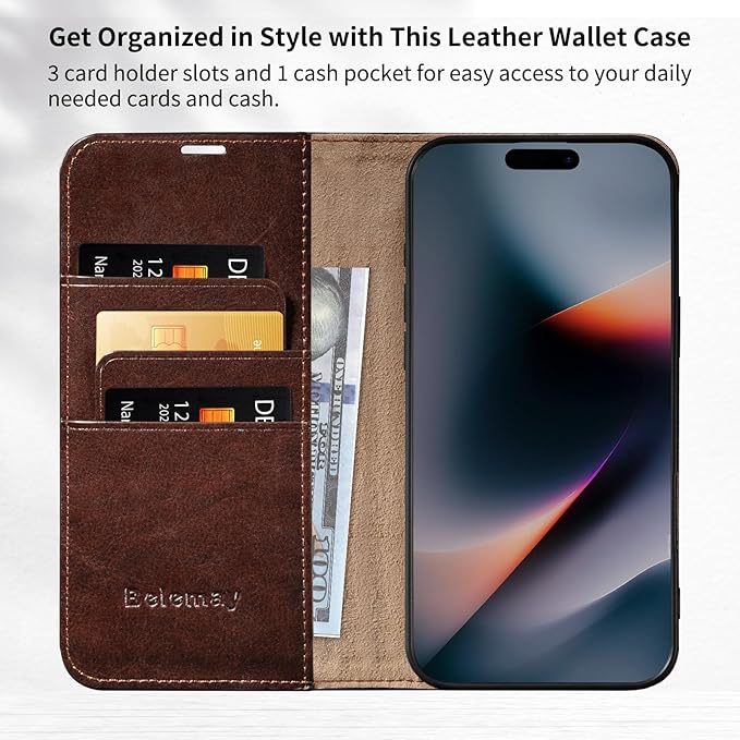 Belemay Genuine Leather Wallet Case for iPhone 17 Air, Premium Cowhide Leather Two-Tone Effect, RFID Blocking Card Holders, Shockproof TPU Shell, Kickstand, Flip Cover for iPhone Air 2025 6.5", Brown