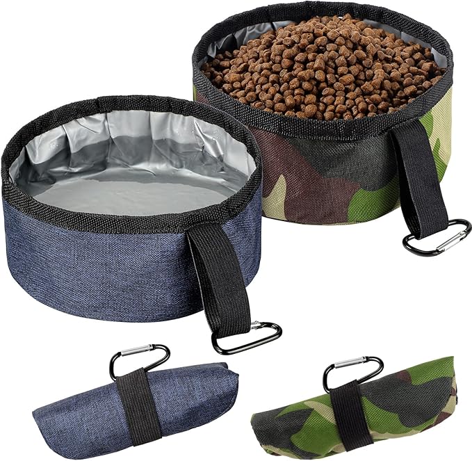 Meanplan 2 Pack Portable Dog Bowls Foldable Travel Dog Dish Portable Puppy Water and Food Bowl Pet Hiking Accessories for Small and Large Pets(Camo Green, Dark Blue,40 oz)