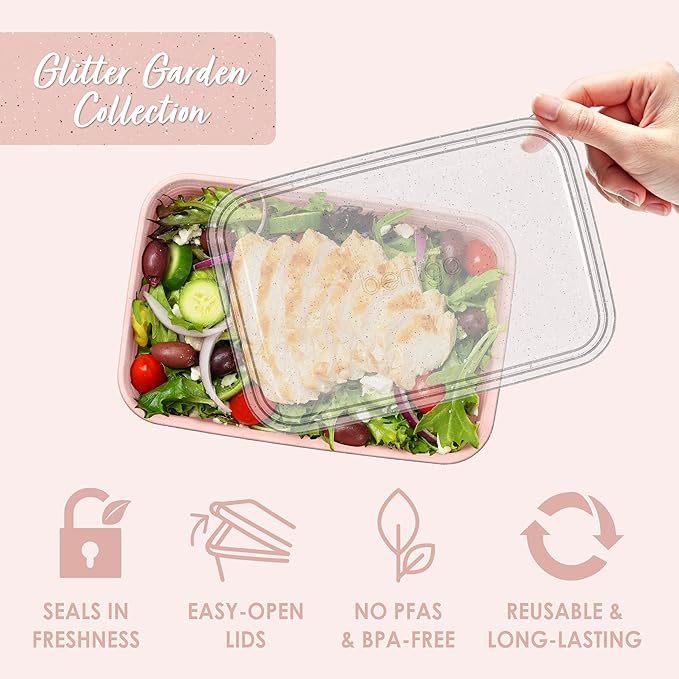 Bentgo Prep - 20-Piece 1-Compartment Reusable Meal Prep Containers with Lids, PFAS & BPA Free Materials, Durable, Microwave, Freezer, & Dishwasher Safe To Go Food Storage (Peony Glitter)