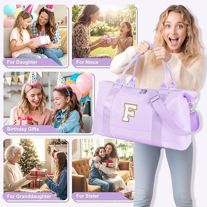 Dance Gym Duffel Bag for Teen Girls, Personalized Initial Travel Weekender Bag,Cute Overnight Carry On Duffle for Women,Sports Travel Cheer Bag,Monogram Christmas Gifts for Tween Preppy(purple-F)