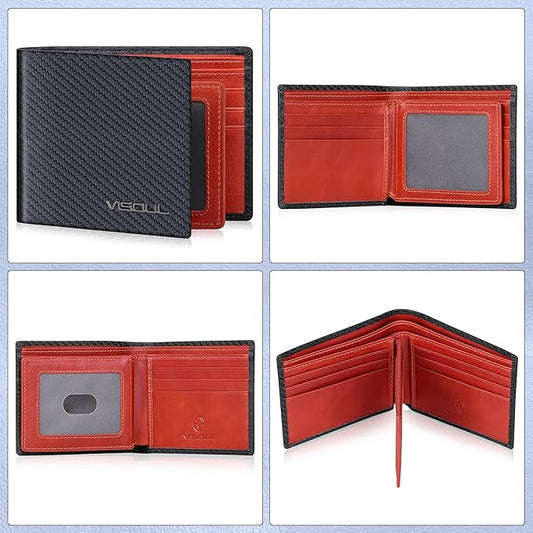 VISOUL Mens Bifold Wallet with 2 ID Windows Carbon Fiber Leather, RFID Blocking Secure Designer Billfold Wallets for Men with Two Cash Compartments (Black+Orange Red)