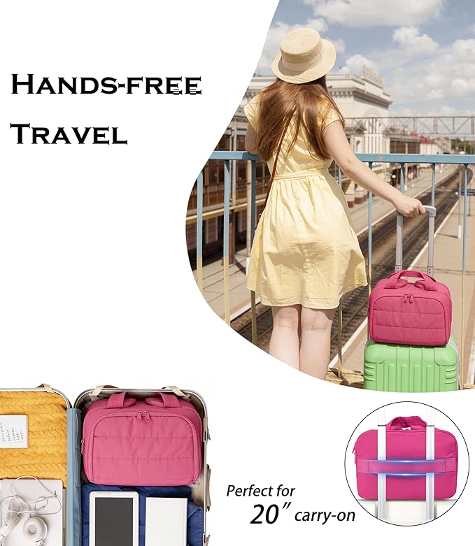 Travel Toiletry Bag for Women, Large Wide-open Puffy Cosmetic Makeup Bag with Wet-Dry Separation, Multi-Pocket Organizer with Carry Handle for Toiletries, Cosmetics, Essentials, Rose Red