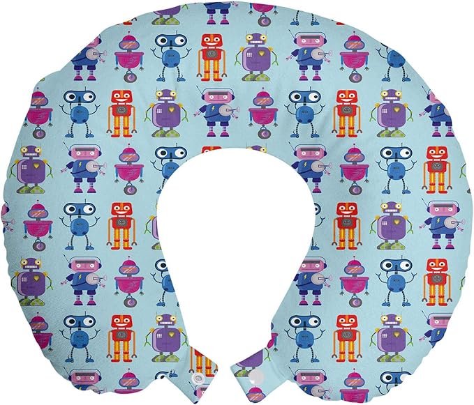 Ambesonne Alien Travel Pillow Neck Rest, Repeating Print of Colorful Robots Mechanical Design of Funny Shapes, Memory Foam Traveling Accessory for Airplane and Car, 12", Pale Blue and Multicolor