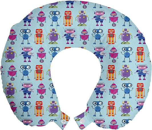 Ambesonne Alien Travel Pillow Neck Rest, Repeating Print of Colorful Robots Mechanical Design of Funny Shapes, Memory Foam Traveling Accessory for Airplane and Car, 12", Pale Blue and Multicolor