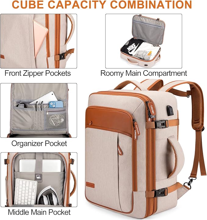 Lumesner Carry on Travel Backpacks, Extra Large 40L Flight Approved for Men & Women,Expandable Suitcase backpack (Beige (Backpack With 4 Packing Cubes))