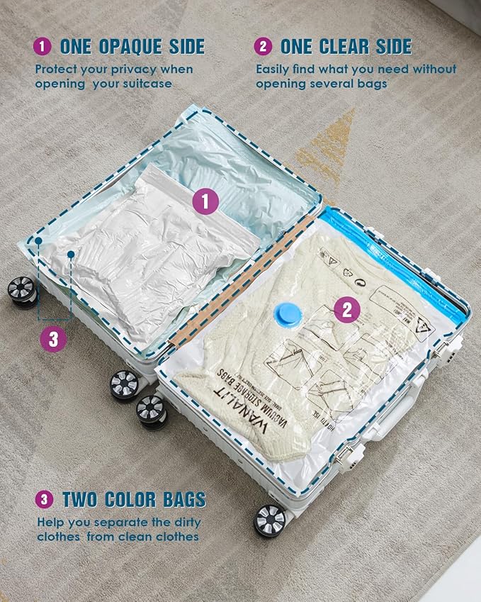 Vacuum Storage Bags for Travel, 24 Pack (6L+6M+6S+6XS) Vacuum Seal Bags with Wireless Rechargeable Electric Pump, Travel Essentials Space Saving Bag for Clothes, Luggage, Carry-on Suitcase, Backpack