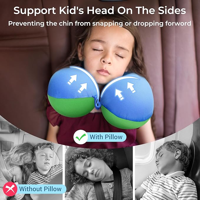 COOLBEBE Kids Travel Neck Pillow, Softly Double Support Neck Pillow for Car & Airplane, Traveling Gifts for Toddler & Children (1, Bluish Green)