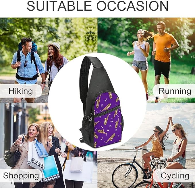 SWEET TANG Womens Fashion Gym Bags Anti Theft Crossbody Shoulder Chest Bag with Small Pocket, Multipurpose Daypack Bag for Cycling Traveling Hiking, Saxophone And Music Purple