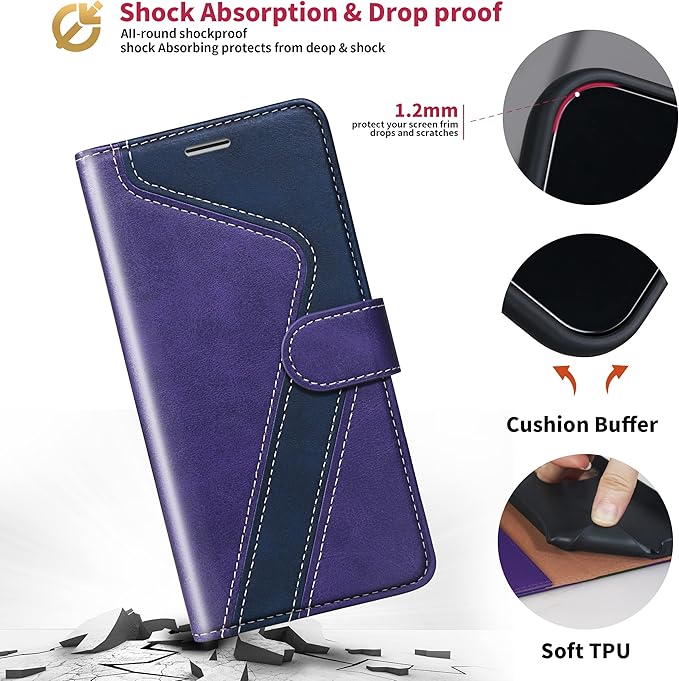 CIVICASE for iPhone 14 Pro Wallet Case,Leather Flip Case [RFID Blocking] Credit Card Holder Folio Magnetic Stand TPU Shockproof Cover Color Matching for iPhone 14 Pro (6.1") Purple Blue