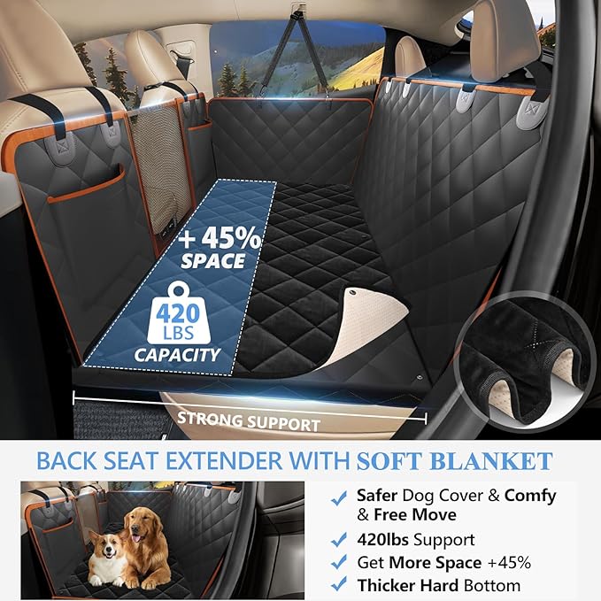 2025 Upgraded Back Seat Extender for Dogs with Soft Blanket, Dog Car Seat Cover for Back Seat Holds 420lbs, Hard Bottom Backseat Cover for Dogs, Waterproof Dog Hammock for Car, SUV, Truck, Black