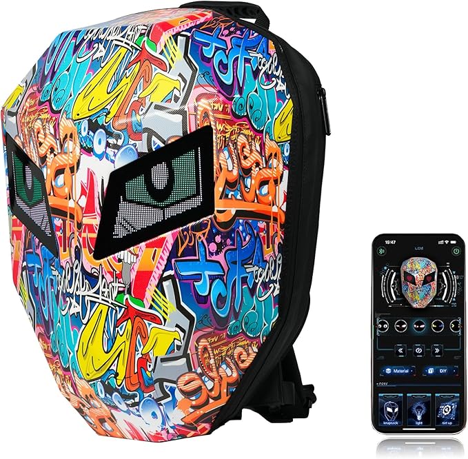 Motorcycle Backpack with LED Eyes, DIY Laptop Backpack for Riding, Cycling, Travel, Waterproof Hard Case Motorbike Bag, Large Size 19" Graffiti