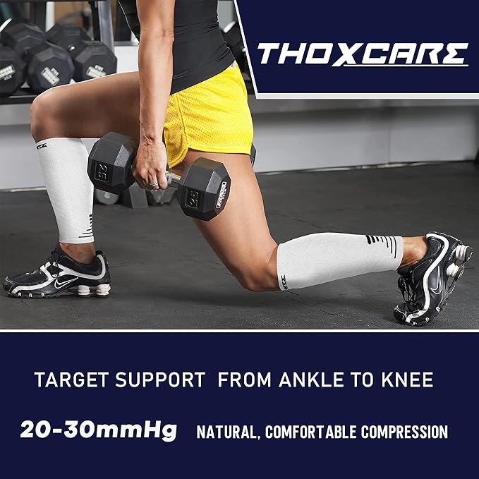 Thoxcare Calf Compression Sleeve for Men Women (1 Pair), Leg Support Footless Compression Socks for Running - Shin Splint Varicose Veins Swelling & Pain Relief, White/Black, Large