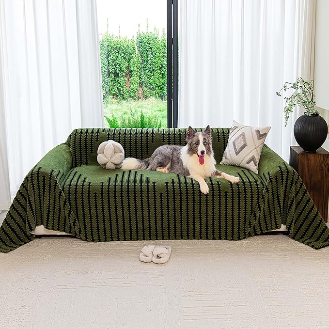 Sherpa Fleece Couch Cover for Dogs Washable Non Slip, Pet Proof Sofa Covers for 3 Cushion Couch Heavy Duty Scratch Resistant Pet Friendly Furniture Cover Fits Love Seat 71" x 134", Green