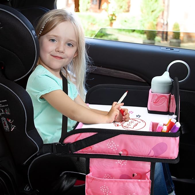WENRENER Kids Travel Tray, Car Seat Tray for kids Travel, Toddler Road Trip Essentials With Drawing Kit, Toddler Lap Desk Organizer for Car, Carseat Table for Airplane