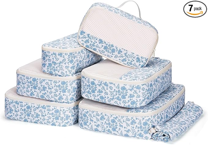 Narwey 7 Set Floral Packing Cubes for Travel Carry on Suitcase Luggage Organizer Bags for Kids Women Men, Durable Packing Organizers Bag, Travel Essentials Accessories (Little Blue Flower)