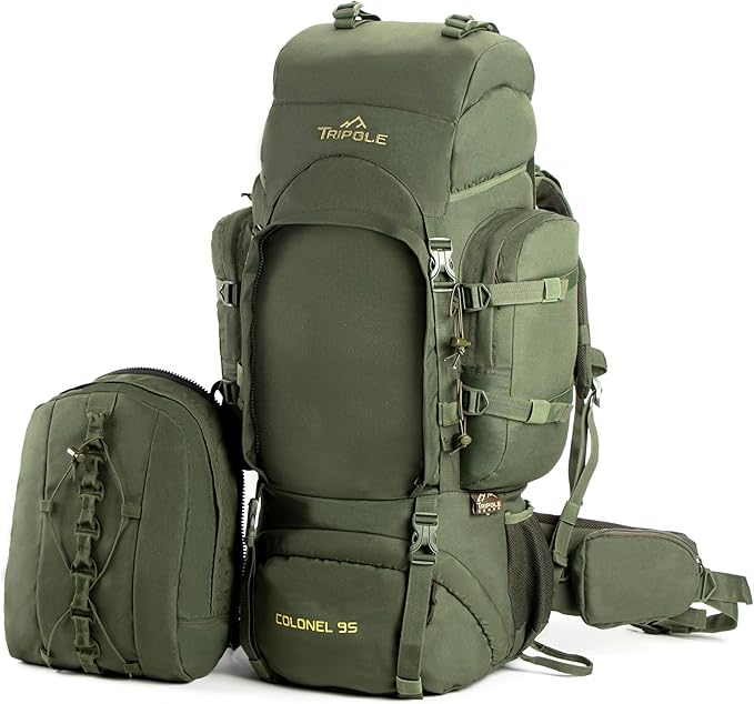 Tripole Colonel 95 Litres Internal Frame Rucksack + Detachable Day Pack, Rain Cover, Army Green