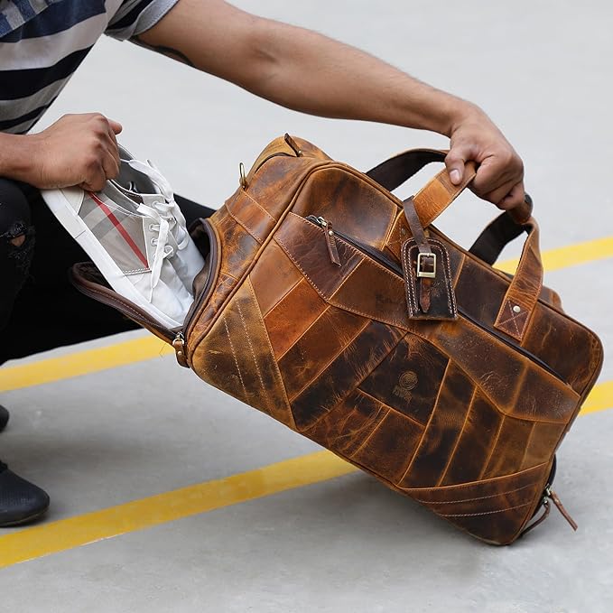 Leather Duffle Bags for Men - Handmade Full Grain Leather Weekender Bag with 2 Shoe Compartment, Underseat Carry On Travel Luggage
