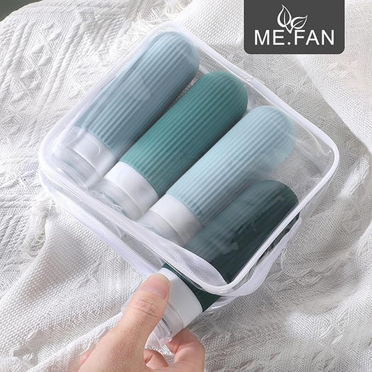 ME.FAN Travel Bottles for Toiletries, TSA Approved 3oz Silicone Journey Size Containers, Portable Split Bottle for Conditioner, Shampoo, Lotion- 4 Pack Blue