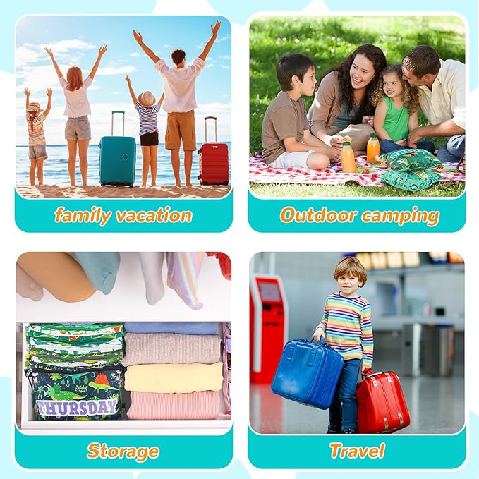 Paterr 14 Pcs Packing Cubes for Travel Kids Day of Week Compression Packing Bags Colorful Luggage Suitcase Organizers Bag for Travel (Dinosaur)