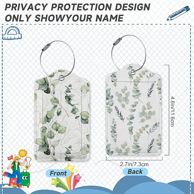 2 Pack Leather Luggage Tag for Suitcase Green White Eucalyptus Leaves Unique Travel Tags with Privacy Cover ID Label & Stainless Steel Loop for Men and Women Baggage