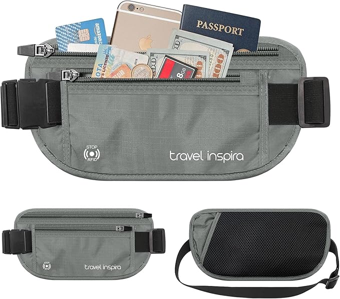 travel inspira Travel Money Belt with Slim Anti-Theft RFID Blocking Passport Holder for Travel Concealed under Clothes for Ultimate Protection of Credit Cards, Cash, Passport & Documents, Grey