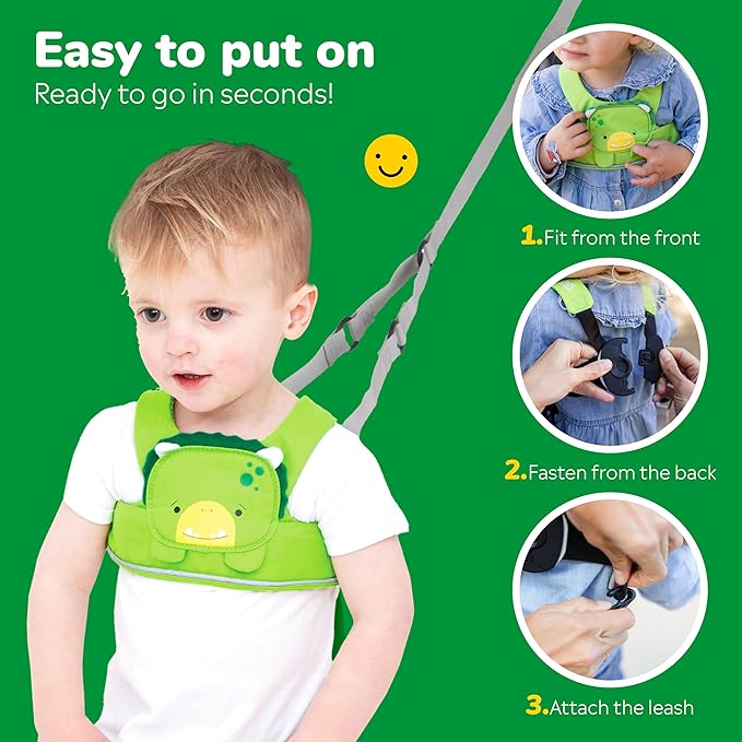 Trunki Toddler Leash - Fuss Free Toddler Walking Reins & Kids Safety Harness | Baby Leash for Kids – Dudley Dinosaur (Green)