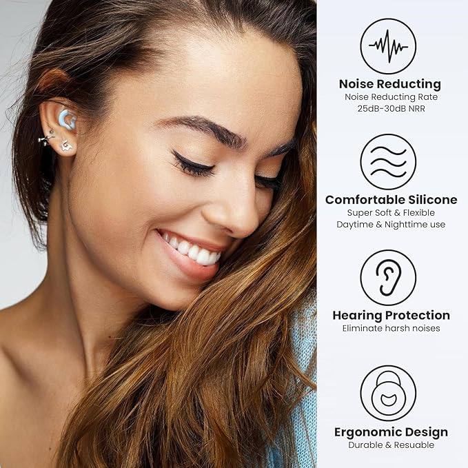 Earplugs for Sleeping,Noise Reduction Soft Silicone Ear Plugs with 7 Pairs Ear Tips&One Connection Cord,Hearing Protection Reusable Earplugs for Sleeping,Concert, Work&Sound Reduction 25dB-30db
