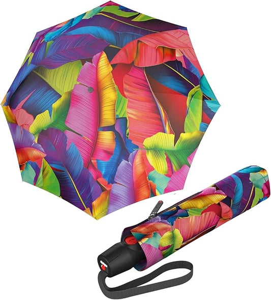 Knirps T.200 Duomatic Compact Rain Umbrella in Palm Multicolor– Wind Tunnel Tested to 93 mph, Aluminum Steel Fiberglass Frame, 38in Canopy, OEKO-TEX, High-Performance Automatic Travel Umbrellas