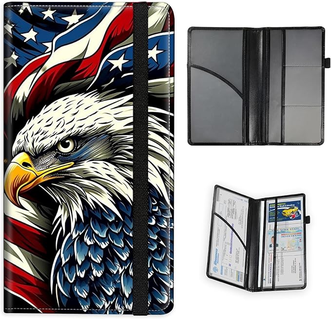 Car Registration and Insurance Holder PU Leather Vehicle Insurance and Registration Holders Wallet Case with Elastic Band Closure for ID Card, Driving Licence, American Flag Eagle