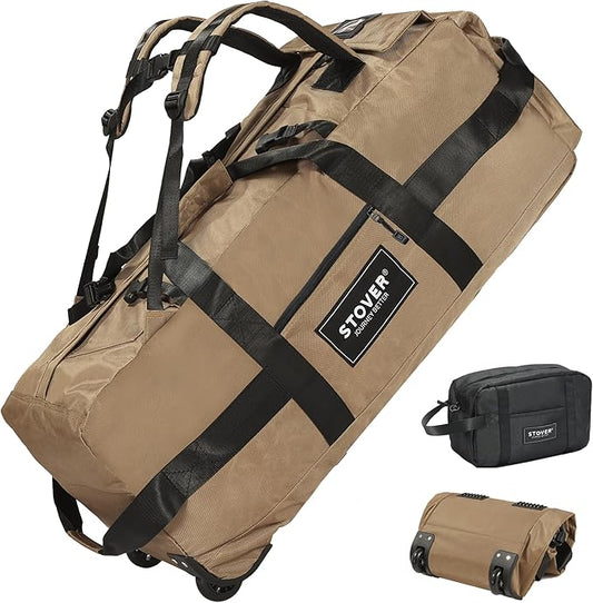 STOVER 80L Rolling Duffel Bag with Wheels, Large Durable Travel Duffle + Toiletry Bag, Heavy Duty, Packable, Foldable with Shoulder Straps- Use as Luggage or Backpack, Men/Women (Tan)