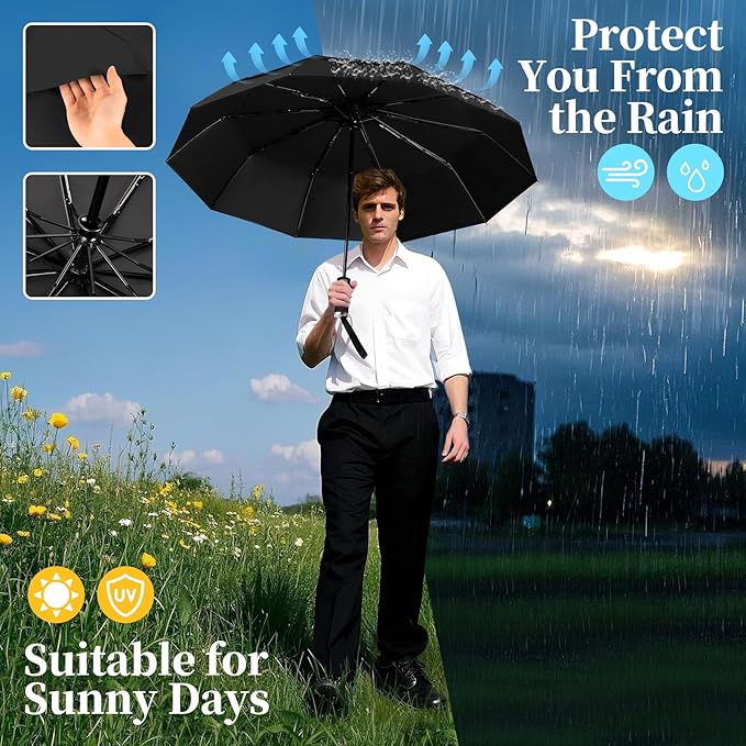 Yoobure Windproof Travel Umbrella with Wood Handle - Automatic Umbrellas for Rain & UV Sun Protection, Compact 46" Large Canopy, Lightweight Backpack Portable for Walking & Outdoor