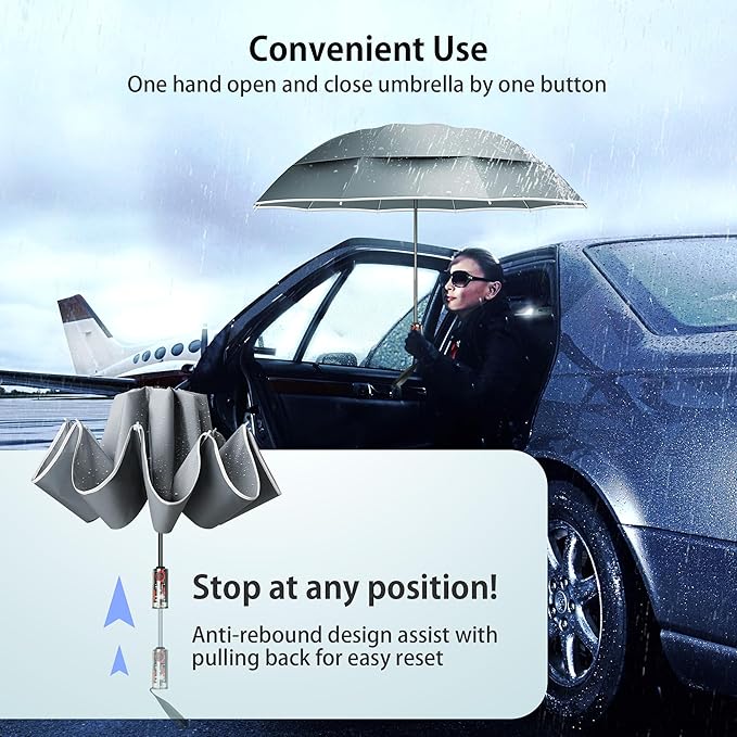 Urvoix Compact Golf Umbrellas Windproof, Travel Umbrella for Rain, 10 Ribs Aluminum Alloy & Fiberglass w/Reflective Stripe, Double Canopy Automatic Anti-bounce Close