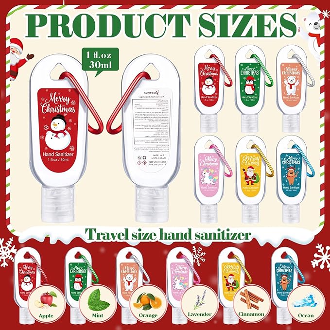 24 Packs Christmas Hand Sanitizers with Keychains Bulk 1 oz Mini Travel Size Hand Sanitizer Keychains Gifts Set Christmas Party Favors Stocking Stuffers for Women Coworkers Friend Family
