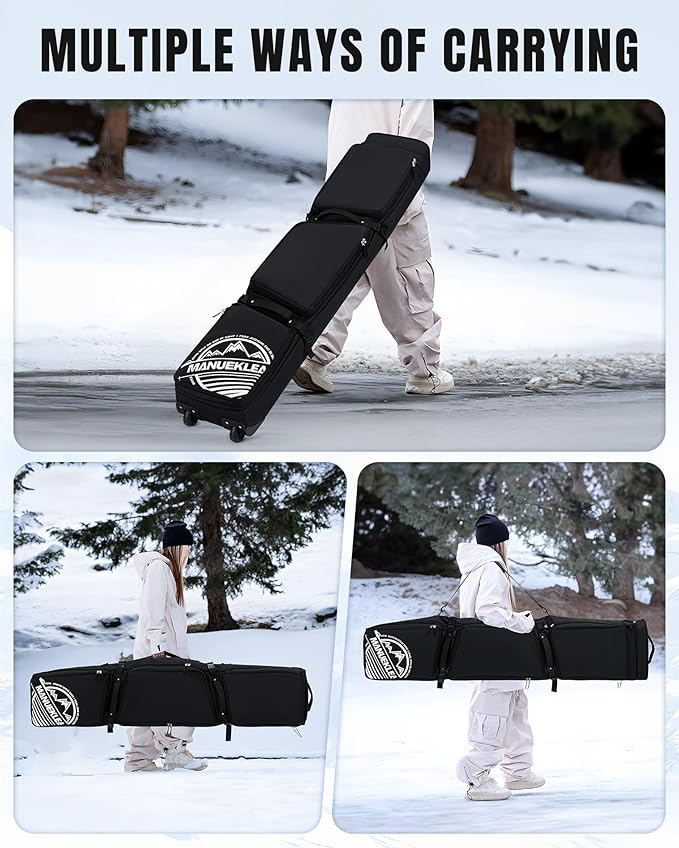 MANUEKLEAR Rolling Ski Travel Bag Holds Skis from 170-190 cm, Durable & Waterproof Snowboard Bag with Wheels, Foldable Double Ski Bag with Soft Padded and Detachable Shoulder Straps