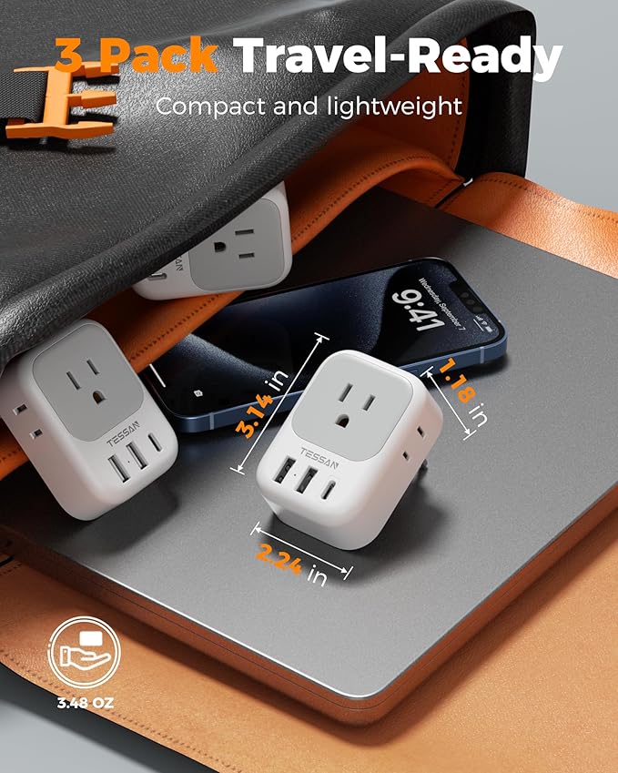TESSAN European Travel Plug Adapter USB C 3 Pack, US to Europe Plug Adaptor with 4 AC Outlets 3 USB Charging Ports, Type C Power Adapter for USA to EU Euro Spain France Iceland Italy Germany Greece