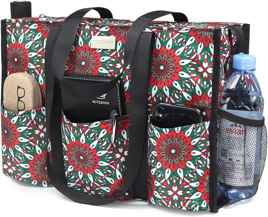 TOPDesign Utility Water Resistant Tote Bag with 13 Pockets, Top Zipper Closure & Thick Bottom Support, for Working Women