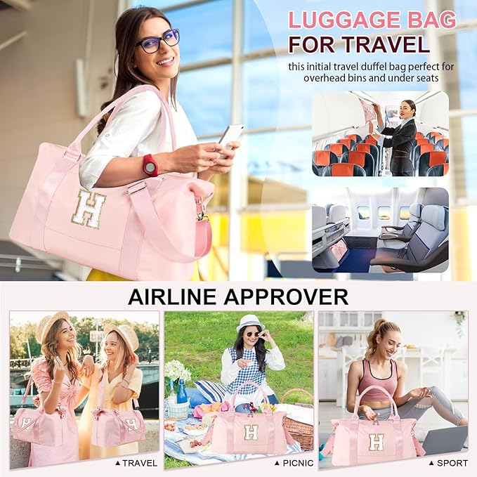 Dance Gym Duffel Bag for Teen Girls, Personalized Initial Travel Weekender Bag,Cute Overnight Carry On Duffle for Women,Sports Travel Cheer Bag,Monogram Christmas Gifts for Tween Preppy(pink-H)